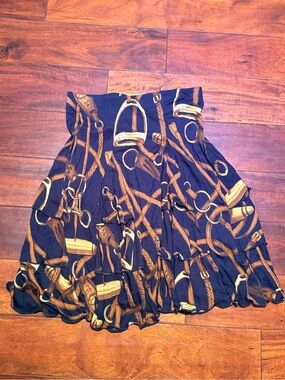 Vintage Ralph Lauren Navy Midi Skirt with Gold Equestrian Print